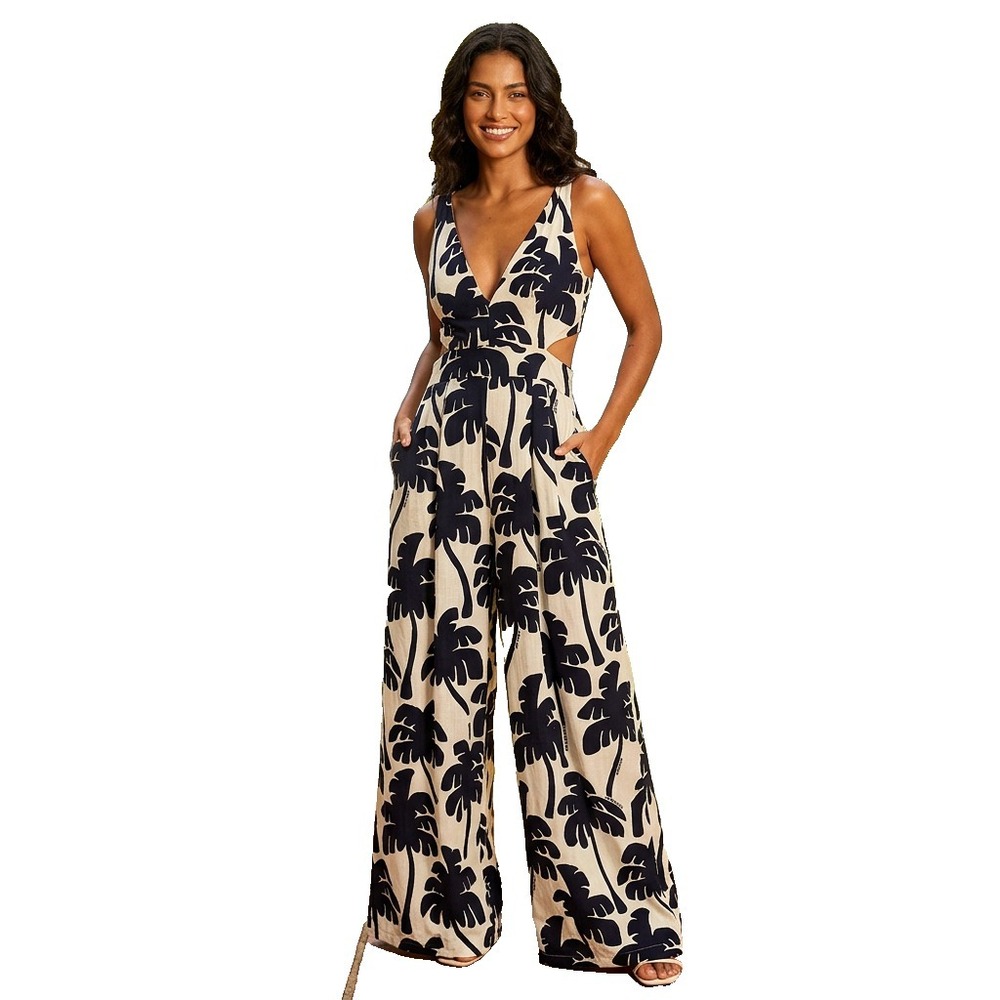 FARM Rio Black and Cream Tropical Jumpsuit